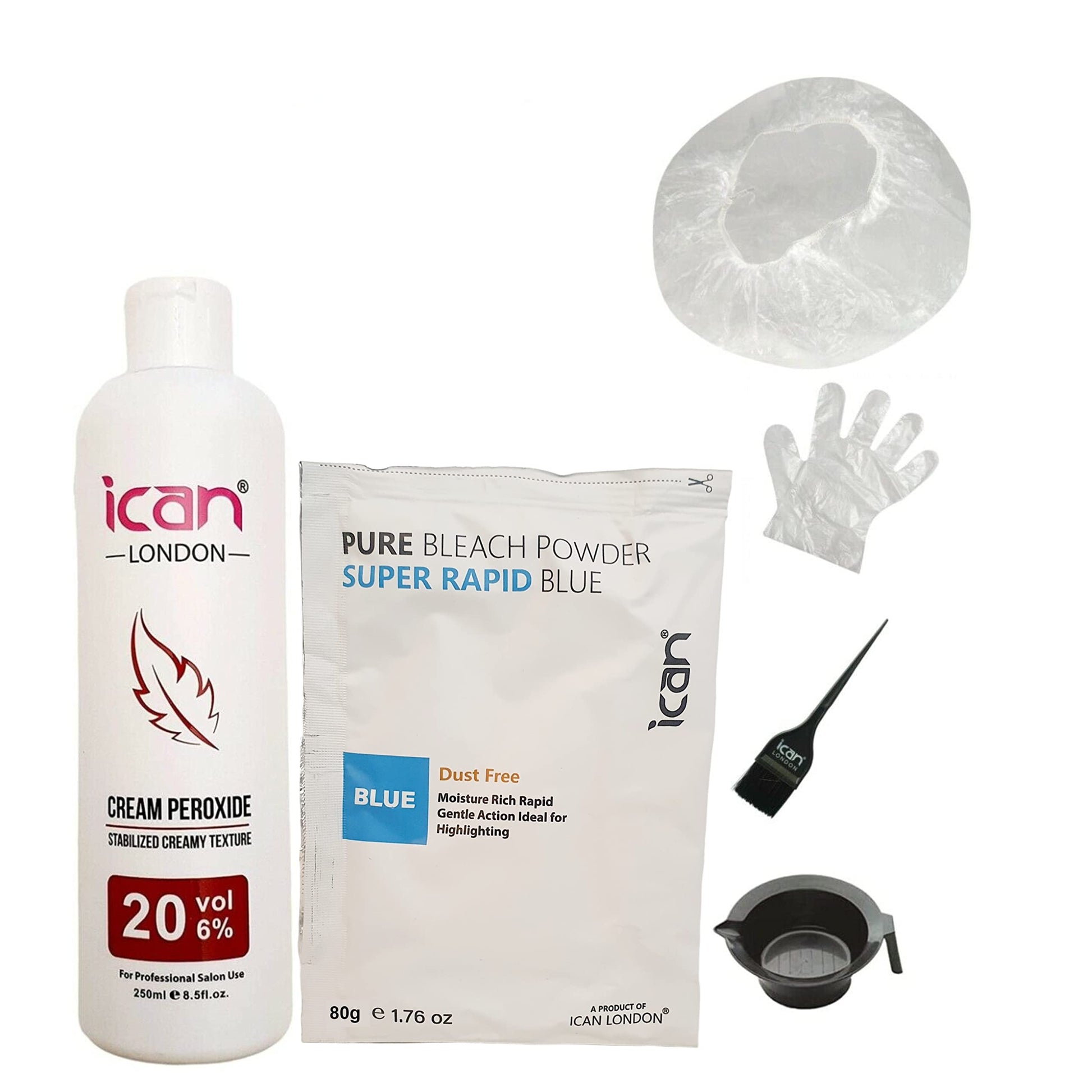 Full hair bleaching kit cream peroxide 20 vol 250ml + blue powder bleach 80g + bowl + brush + gloves + cap image 0