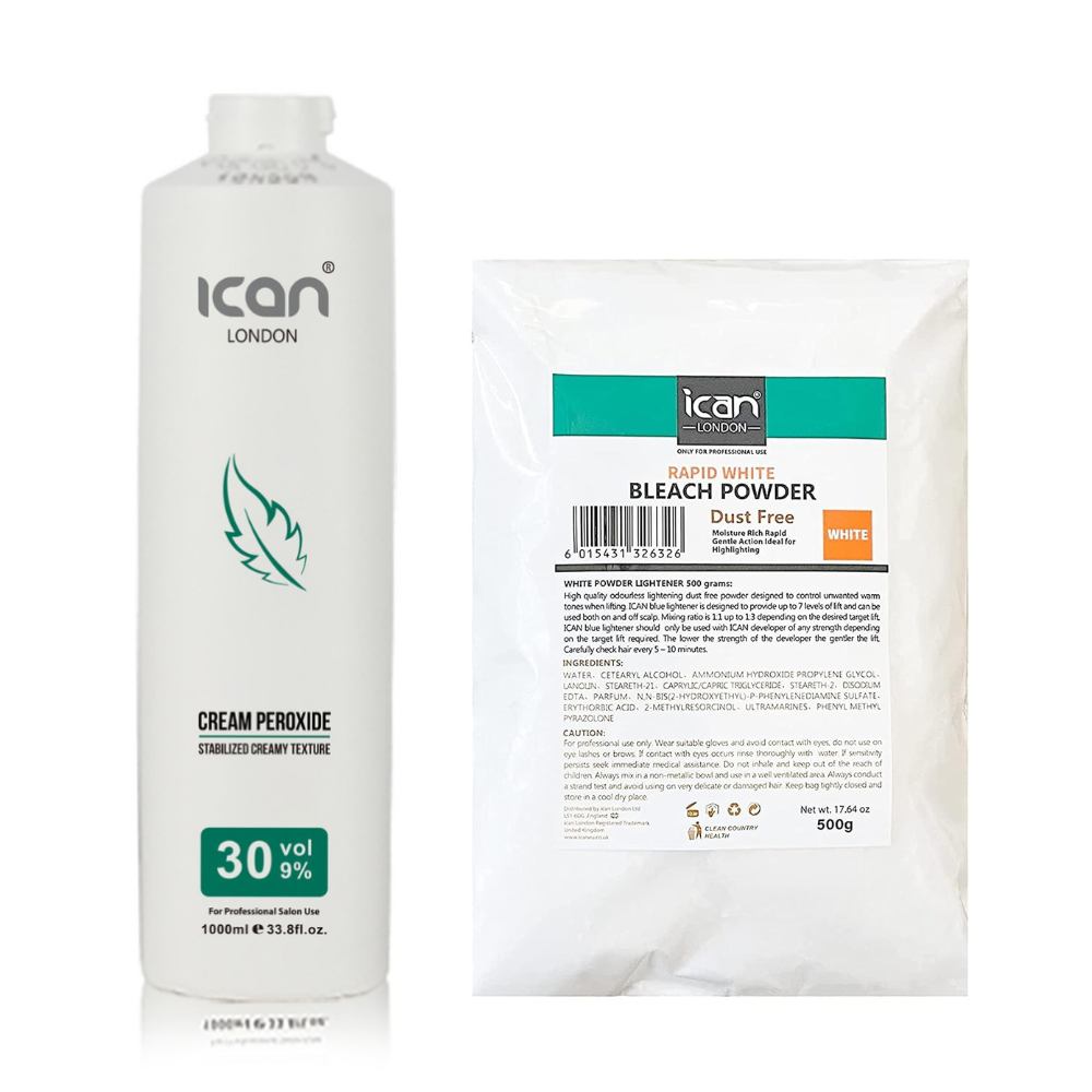 Cream Peroxide 30 Vol 9% 1000ml + White Powder Bleach 500g Combo Set image 0