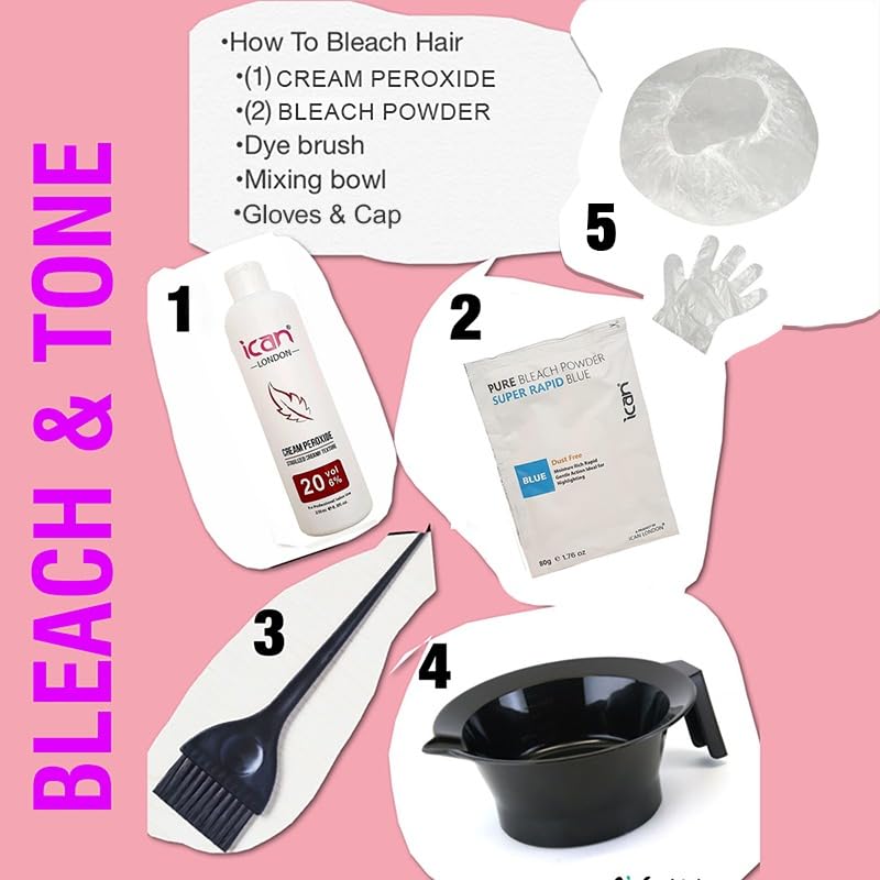 Full hair bleaching kit cream peroxide 20 vol 250ml + blue powder bleach 80g + bowl + brush + gloves + cap image 1